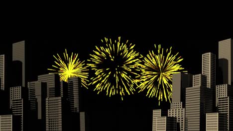 Animation-of-yellow-christmas-and-new-year-fireworks-in-night-sky-over-cityscape