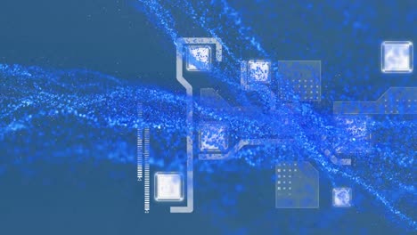 Animation-of-blue-light-trails-over-network-of-connections-on-blue-background
