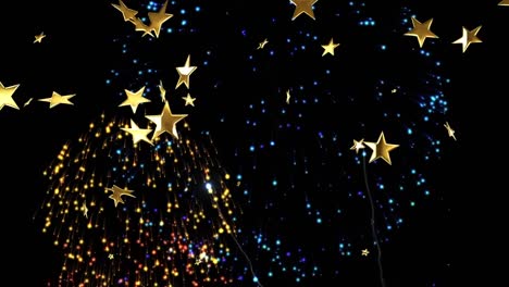 Animation-of-stars-floating-over-fireworks-on-black-background