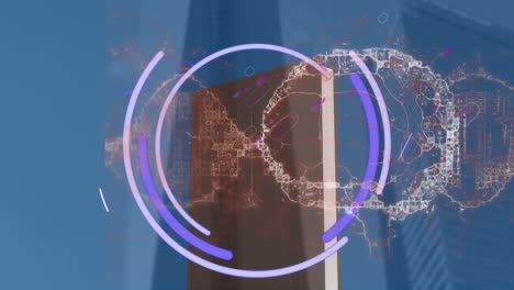 Animation-Des-Menschlichen-Gehirns,-Des-DNA-Strangs-Und-Der-Computerspeicherplatte-Auf-Blauem-Hintergrund