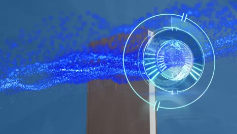 Animation-of-blue-light-trails,-computer-data-storage-and-scope-scanning-on-blue-background