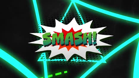 Animation-of-smash-text-over-neon-triangles-on-black-background