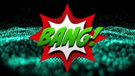 Animation-of-bang-text-over-green-dots-on-black-background