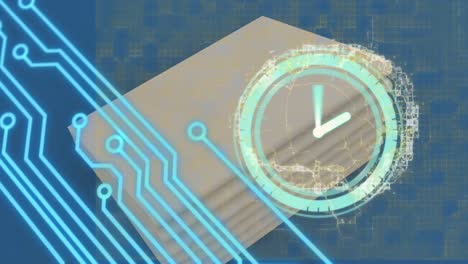 Animation-of-blue-computer-circuit-board-over-clock-and-data-storage-disks-on-blue-background