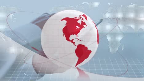 Animation-of-red-and-white-globe-and-world-map-over-hands-of-businessman-using-tablet
