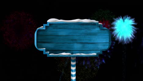 Animation-of-blank-signpost-in-snow-with-colourful-christmas-and-new-year-fireworks-in-night-sky