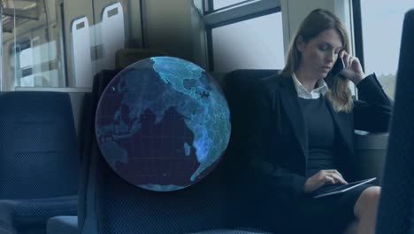 Animation-of-blue-globe-over-businesswoman-on-train-using-smartphone-and-tablet