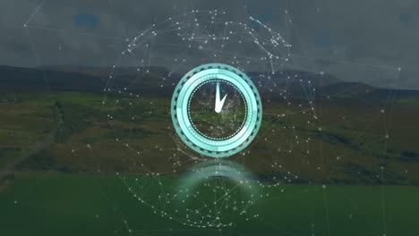 Animation-of-moving-clock-and-network-of-connections-over-landscape