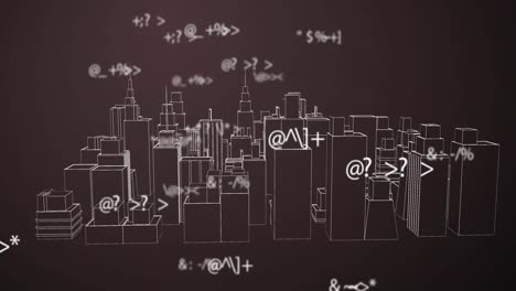 Animation-Von-Zahlen,-Die-Sich-über-Das-Sich-Drehende-3D-Stadtmodell-ändern