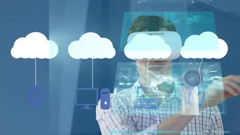 Animation-of-businessman-with-vr-headset-and-digital-clouds-with-electronic-devices
