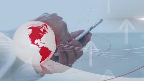 Animation-of-red-and-white-globe-and-arrows-up-over-hands-of-businessman-using-smartphone
