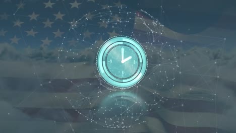 Animation-of-moving-clock-and-network-of-connections-over-usa-flag