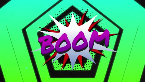 Animation-of-boom-text-over-green-shapes-on-black-background