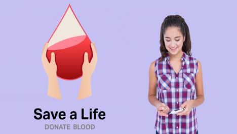 Animation-of-save-a-life-donate-blood-text-and-logo,-with-smiling-woman-doing-pinprick-blood-test
