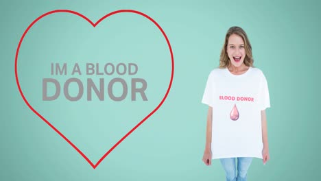 Animation-of-i'm-a-blood-donor-text-and-heart-logo,-with-laughing-woman-in-blood-donor-t-shirt