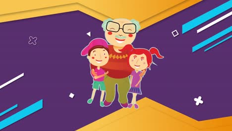 Animation-of-illustration-of-happy-grandad-embracing-grandchildren,-with-colourful-shapes-on-purple