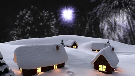 Animation-Von-Weißen-Weihnachts--Und-Neujahrsfeuerwerken,-Die-Am-Nachthimmel-über-Verschneiten-Häusern-Explodieren