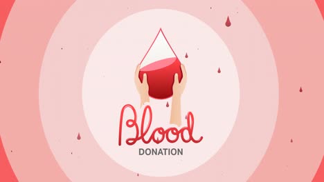 Animation-of-blood-donation-text-with-hands-and-droplet-logo,-and-drops-of-blood-over-pink-circles