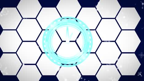 Animation-of-moving-clock-over-molecules-and-hexagons-on-blue-background
