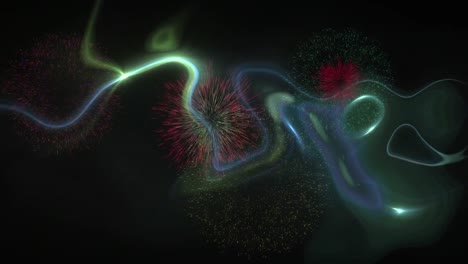 Animation-of-moving-lights-with-colourful-christmas-and-new-year-fireworks-in-night-sky