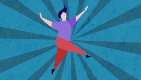 Animation-Der-Illustration-Eines-Glücklichen-Mannes,-Der-Vor-Freude-über-Rotierenden-Blauen-Streifen-Tanzt