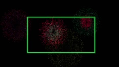 Animation-of-green-rectangle-frame-over-colourful-christmas-and-new-year-fireworks-in-night-sky