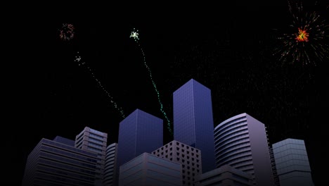 Animation-Des-Stadtbildes-Mit-Farbenfrohen-Weihnachts--Und-Neujahrsfeuerwerken,-Die-Am-Nachthimmel-Explodieren