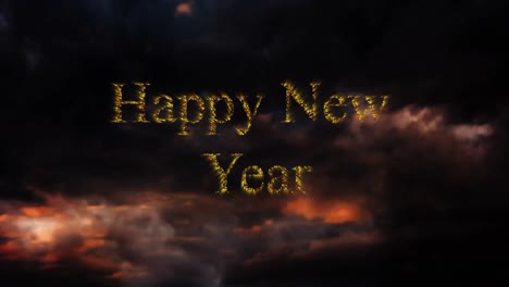 Animation-Eines-Frohen-Neujahrstextes-In-Gold-Mit-Feuerwerk,-Das-Am-Bewölkten-Sonnenuntergangshimmel-Explodiert
