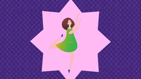 Animation-of-illustration-of-happy-woman-dancing-for-joy,-over-pink-shape,-on-purple-background