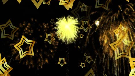 Animation-of-christmas-and-new-year-gold-stars-with-fireworks-exploding-in-night-sky