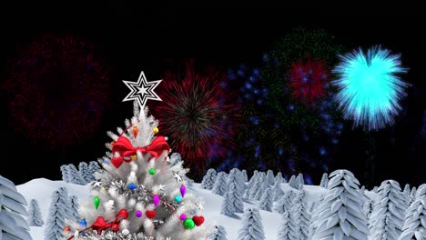 Animation-of-decorated-white-christmas-tree-with-fireworks-exploding-in-night-sky
