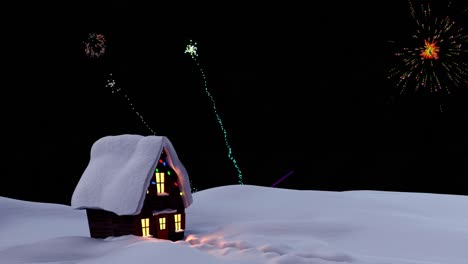Animación-De-Coloridos-Fuegos-Artificiales-De-Navidad-Y-Año-Nuevo-Explotando-En-El-Cielo-Nocturno-Sobre-Una-Casa-En-La-Nieve.