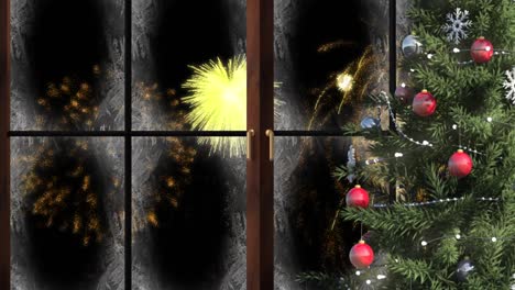 Animation-Eines-Fensters-Mit-Weihnachtsbaum-Und-Feuerwerk,-Das-Am-Nachthimmel-Explodiert