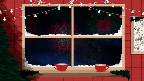 Animation-of-christmas-decorations-and-window-with-fireworks-exploding-in-night-sky
