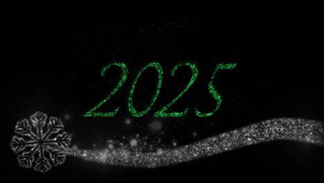 Animation-of-2025-text-in-green-with-snowflake-and-new-year-fireworks-in-night-sky