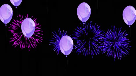 Animation-of-lilac-balloons-with-pink-and-purple-christmas-and-new-year-fireworks-in-night-sky