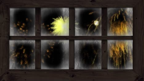 Animation-of-window-with-colourful-christmas-and-new-year-fireworks-exploding-in-night-sky