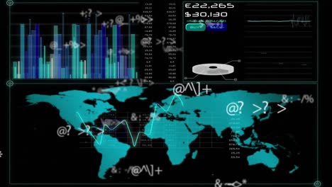 Animation-of-data-processing-and-world-map-over-black-background