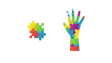 Animation-of-autism-colourful-puzzle-pieces-forming-hand-and-square-on-white-background