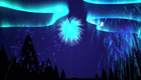 Animation-of-blue-lights-with-blue-christmas-and-new-year-fireworks-exploding-in-night-sky