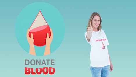 Animation-of-donate-blood-text-and-logo,-with-smiling-woman-in-blood-donor-t-shirt-giving-thumbs-up