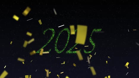 Animation-of-2025-text-in-green-with-green-new-year-fireworks-and-gold-confetti-in-night-sky