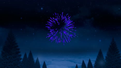 Animation-of-purple-christmas-and-new-year-fireworks-exploding-over-trees-in-night-sky