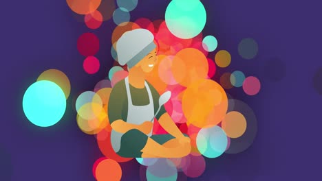 Animation-of-illustration-of-child-in-chefs-hat-holding-spoon-over-colourful-moving-circles