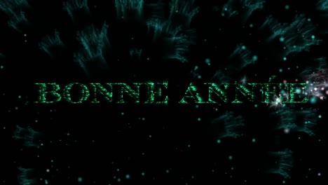 Animation-of-bonne-annee-text-in-green-with-new-year-fireworks-exploding-in-night-sky
