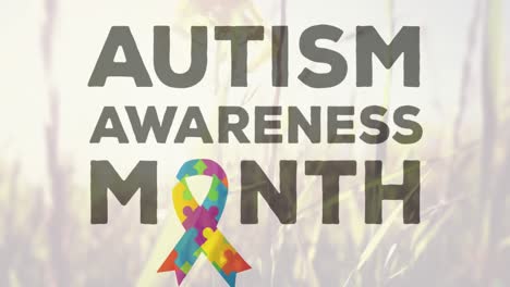 Animation-of-colourful-puzzle-pieces-ribbon-autism-awareness-month-text-over-grass