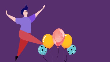 Animation-Der-Illustration-Glücklicher-Männer-Und-Frauen,-Die-Vor-Freude-Tanzen,-Mit-Luftballons-Auf-Violettem-Hintergrund