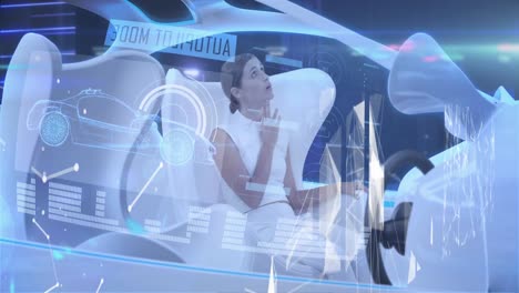 Animation-of-data-processing-over-woman-in-self-drive-car