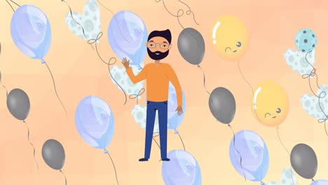 Animation-of-illustration-of-happy-bearded-man-waving,-with-balloons-on-peach-background