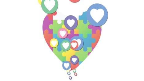 Animation-of-autism-colourful-puzzle-pieces-heart-and-heart-icons-on-white-background